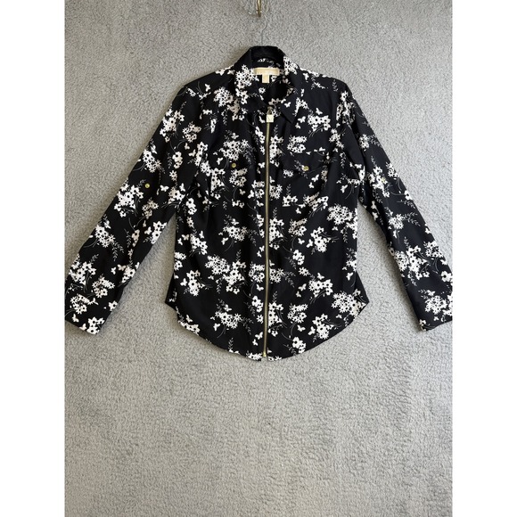 Michael Kors Jackets & Blazers - Michael Kors Jacket Womens Medium Black White Floral Full Zip Gold Accents Shirt